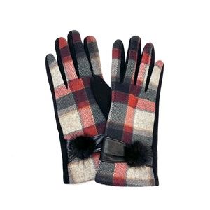 Red Plaid Flannel Gloves Fur Pom Pom Gloves Leather Band Genuine Fur